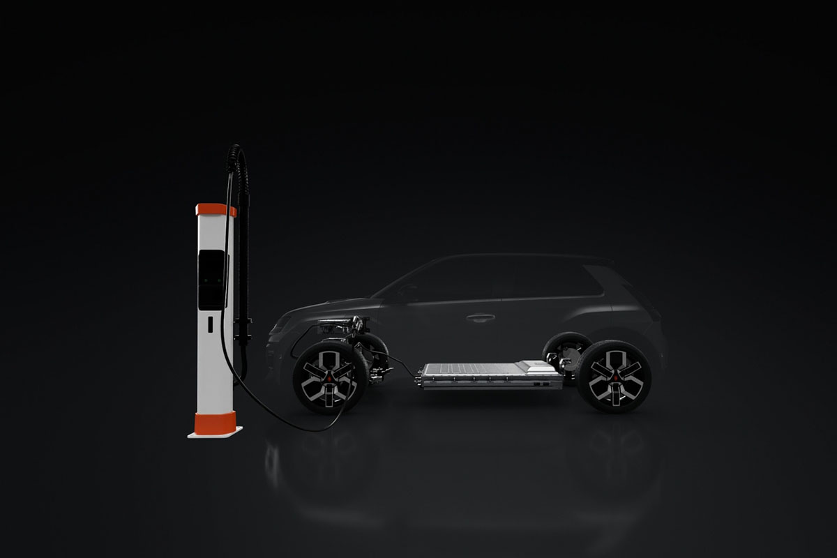 Explosionszeichung des Renault 5 E-Tech Electric basierend auf der neuen Plattform für vollelektrische E-Autos aus dem B-Segement– AmpR-Small-Plattform.
