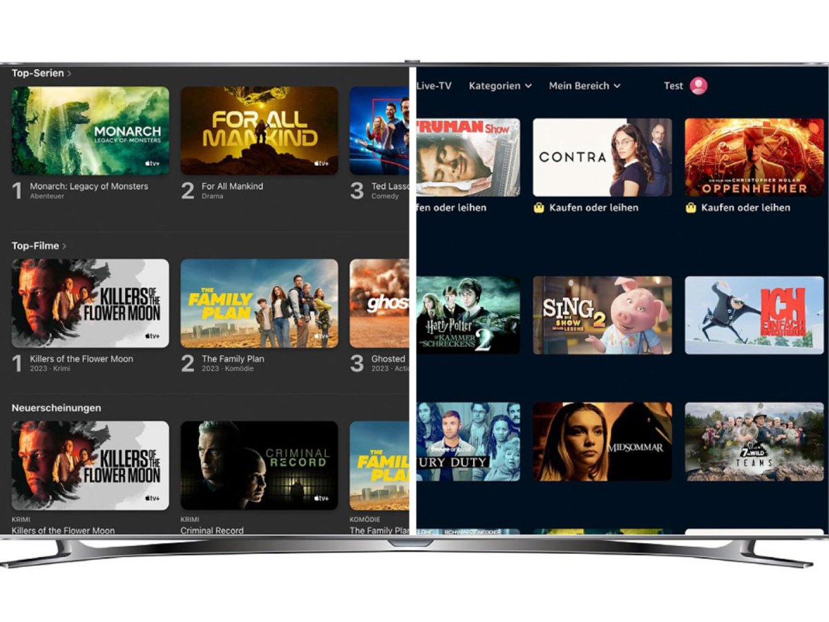 Startbildschirme von Apple TV+ und Amazon Prime Video im Vergleich