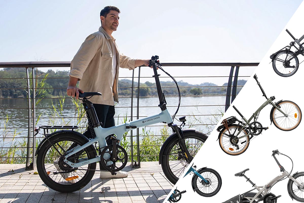Mann schiebt an einem See ein Falt-E-Bike auf Pflastersteinen.