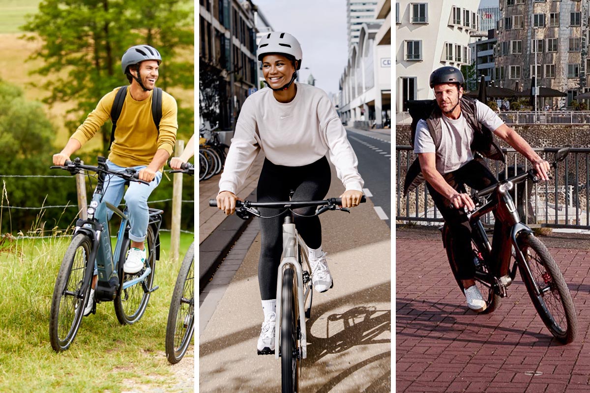Verschiedene Typen von E-Bikes auf einem dreigeteiltem Bild.