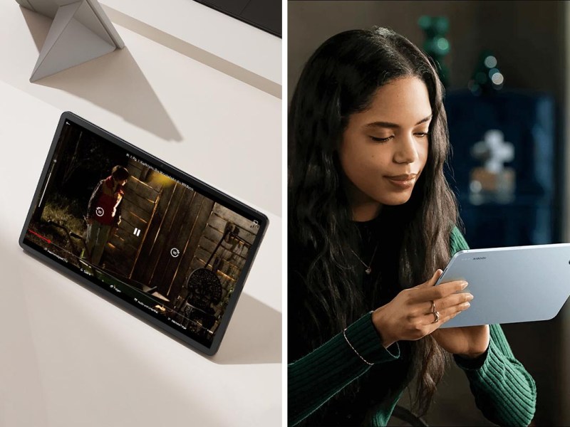 Links: Film läuft auf einem Tablet, das auf einem Tisch steht. Rechts. Eine Frau hält ein Tablet in der Hand.