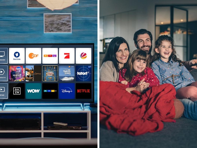 Auf der linken Seite des zweigeteilten Bildes ist ein Fernseher mit der Übersicht von Apps. Auf der rechten Seite: Zwei Erwachsene und zwei Kinder sitzen auf einer Couch.