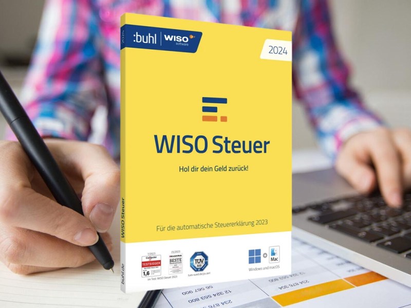 Packshot von WISO vor einer Person am Laptop mit Stift und Papier.