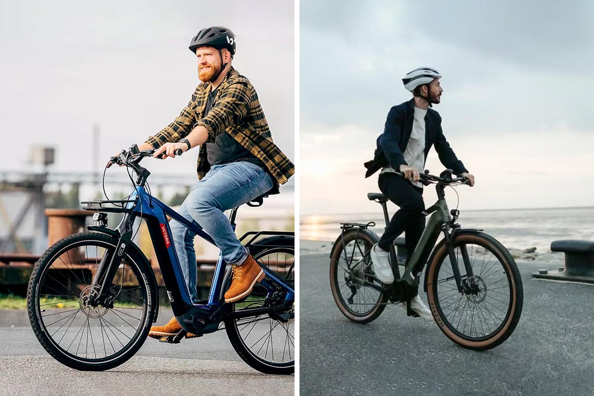 Personen auf einem E-Bike auf einem zweigeteilten Bild.