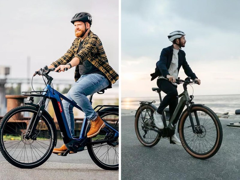 Personen auf einem E-Bike auf einem zweigeteilten Bild.