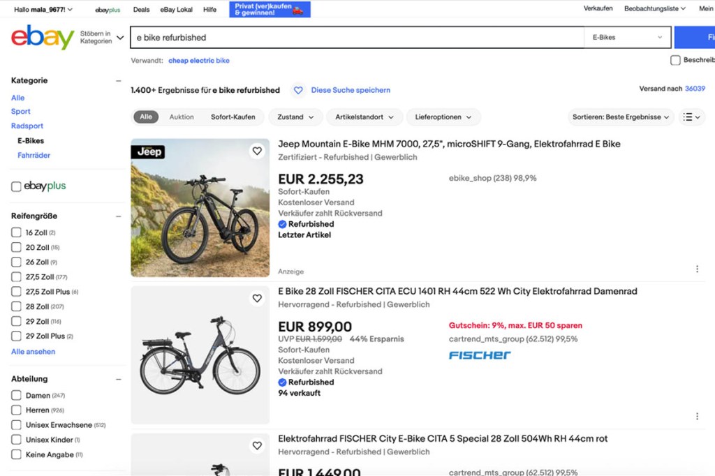 Screenshot eBay.de, Suche: E Bike Refurbished