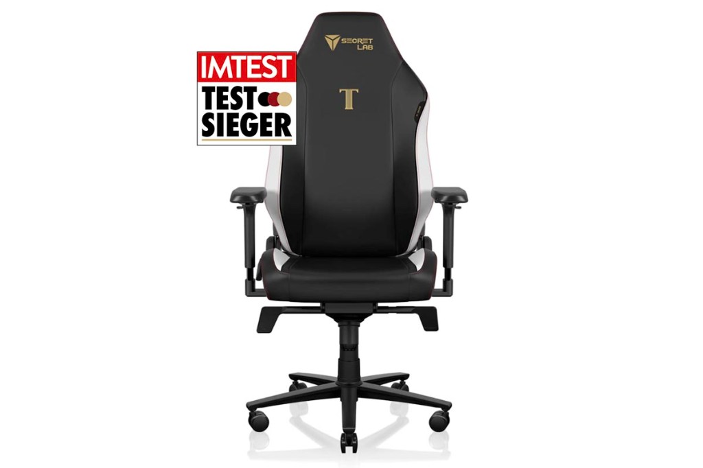 Der Gaming-Chair TITAN Evo R in Schwarz mit weißen Applikationen vor weißem Hintergrund.