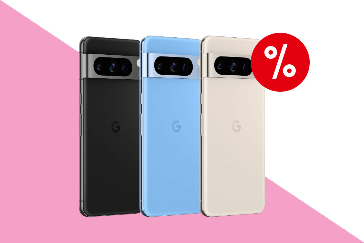 Google Pixel 8 Pro schräg von hinten in schwarz, hellblau und beige auf rosa weißem Hintergrund mit rotem Prozentbutton oben rechts