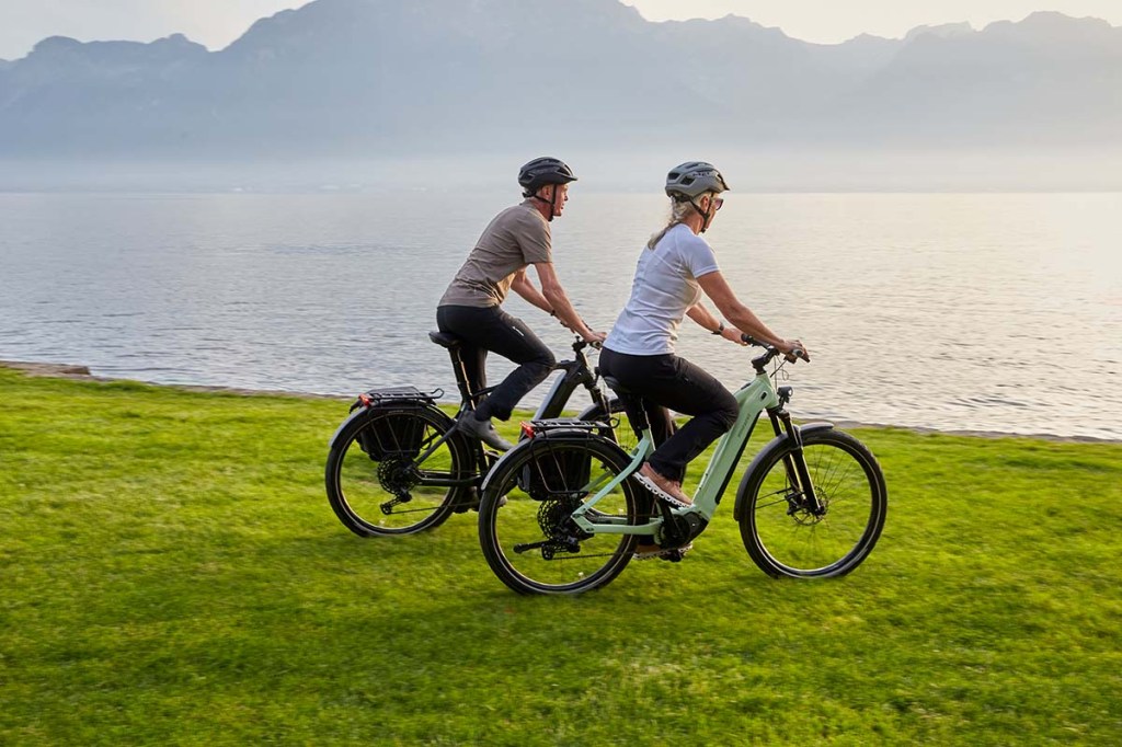 Zwei Radfahrer inmitten der Natur, im Hintergrund ein See und Berge