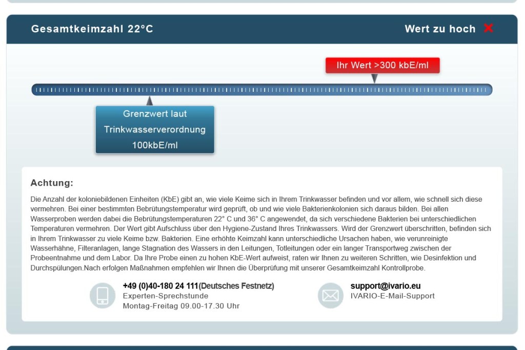 Beispiel eines zu hohen Messswertes – hier: die Gesamtkeimzahl bei 22 °C. Es sind Hinweise gegeben, wie das Problem zu beheben ist.