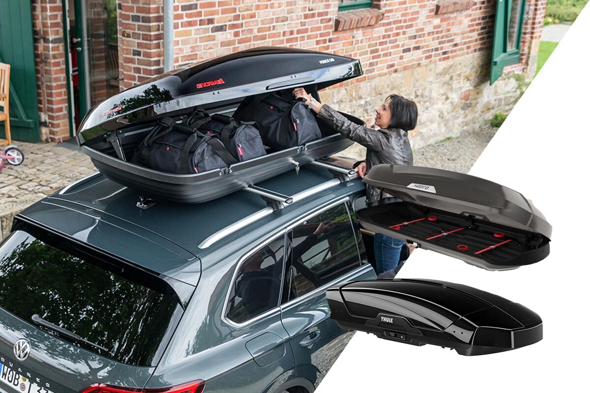 Frau belädt eine Dachbox eines Autos, Productshots zweier weiterer DAchboxen befinden sich daneben
