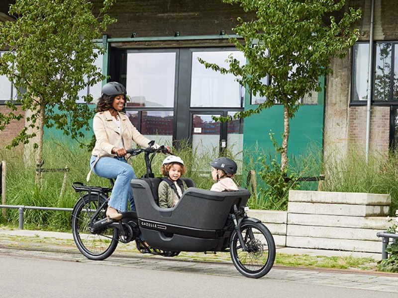 Frau fährt mit einem Lastenrad, in dem zwei Kinder sitzen, durch eine Wohngegend