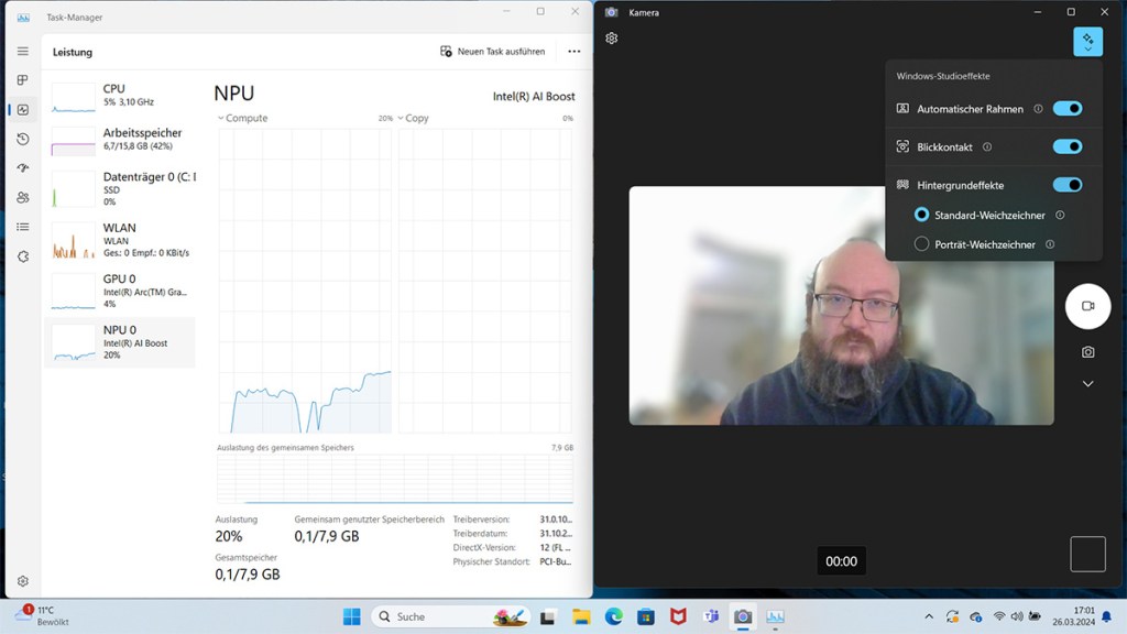 Screenshot in Windows mit geöffnetem Tastmanager und der Kamera-App.