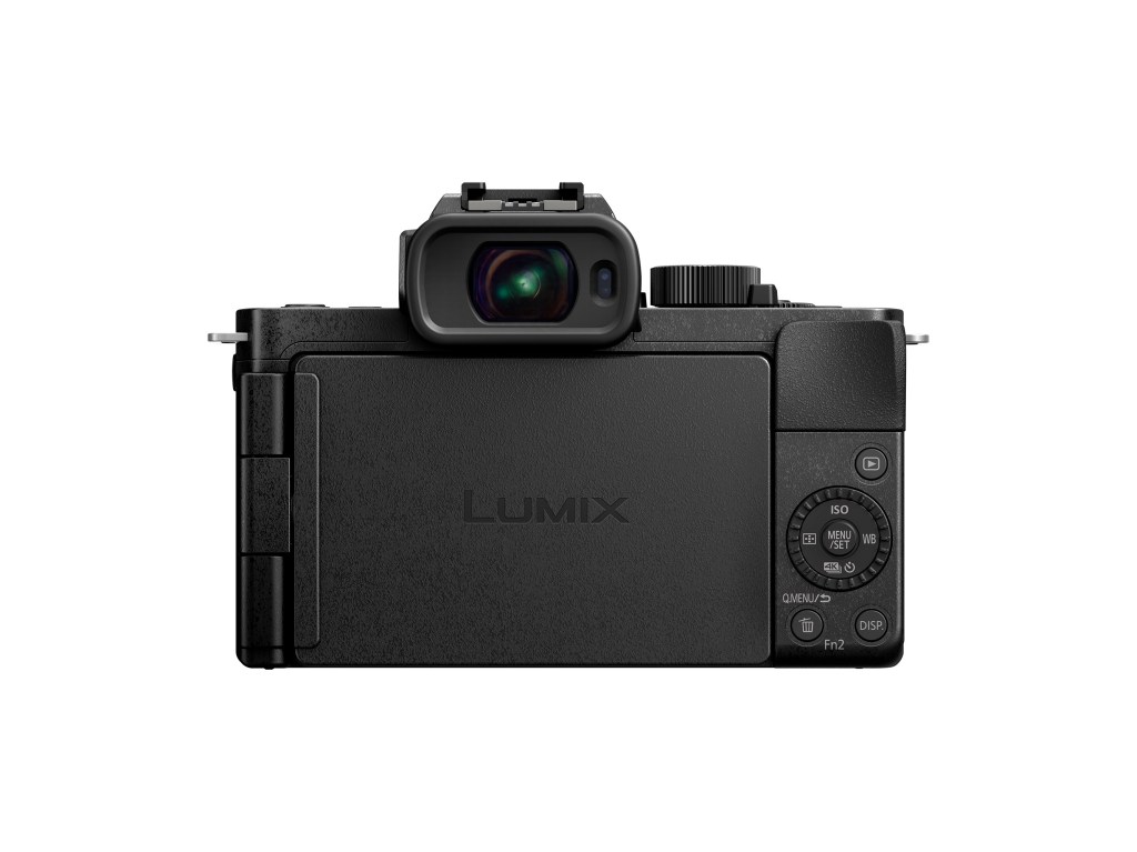 Panasonic Lumix G100D rückseitig betrachtet.