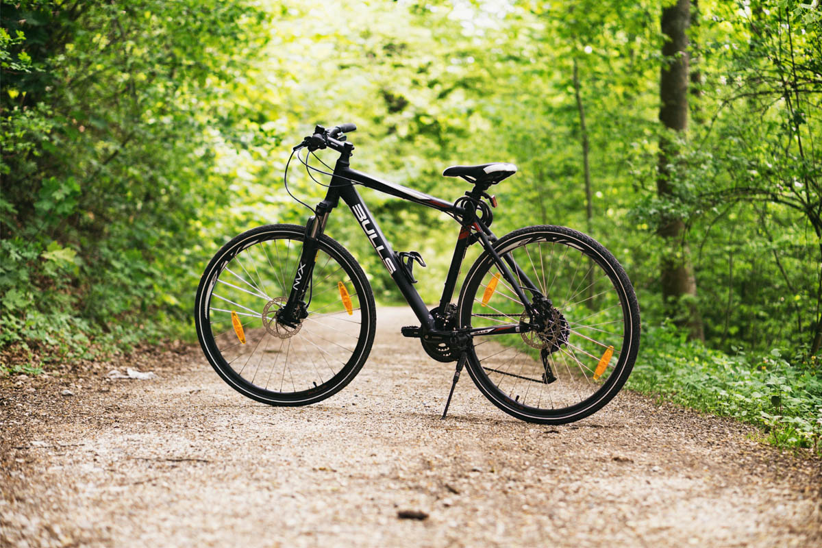 Ein Fahrrad steht auf einem Waldweg