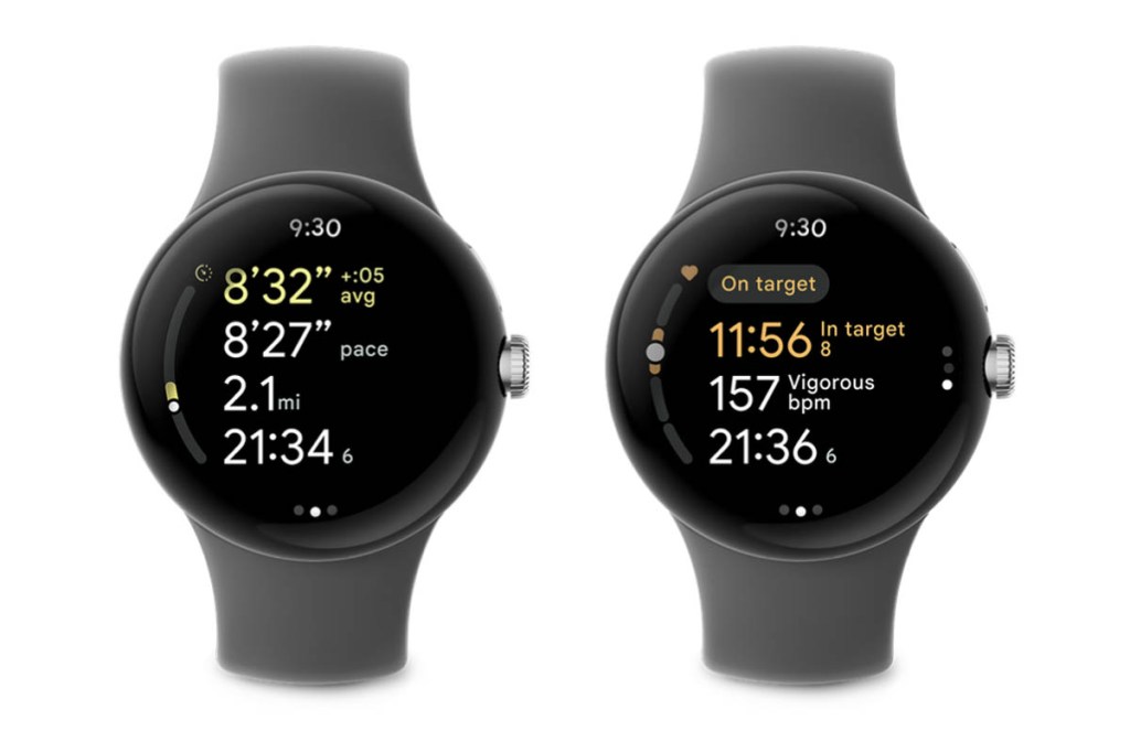Zwei Pixel Watches mit Sporttracking-Anzeigen