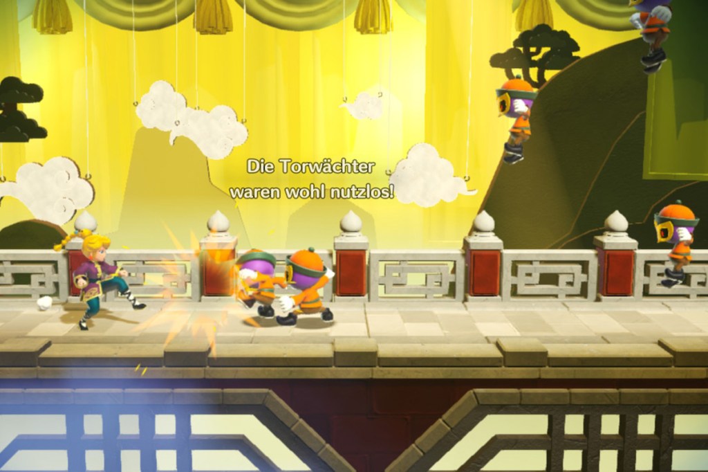 Ein Screenshot zum Videospiel Princess Peach: Showtime!. Man sieht Peach, wie sie gegen Feinde Kung-Fu-mäßig kämpft.