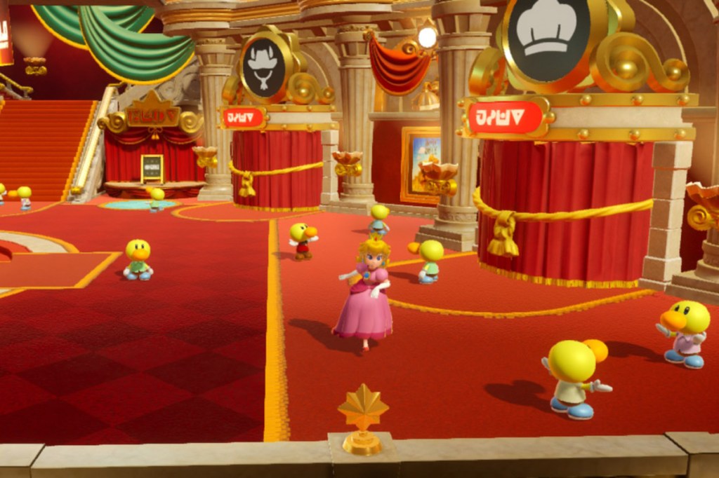 Ein Screenshot zum Videospiel Princess Peach: Showtime!. Man sieht die Basiswelt, von wo aus es in die Level geht.