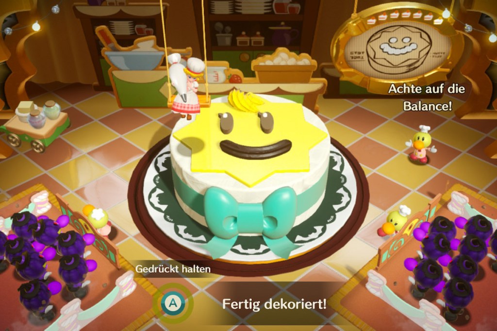 Ein Screenshot zum Videospiel Princess Peach: Showtime!. Man sieht Peach, wie sie eine Torte dekoriert.