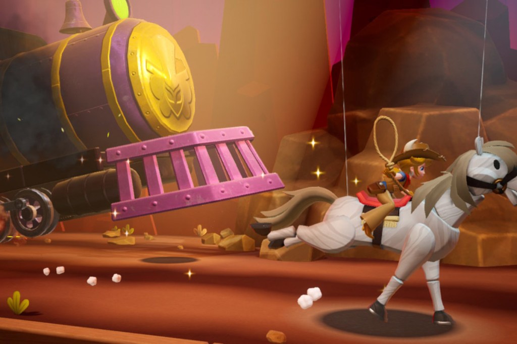 Ein Screenshot zum Videospiel Princess Peach: Showtime!. Man sieht Peach auf einem Pferd reitend.