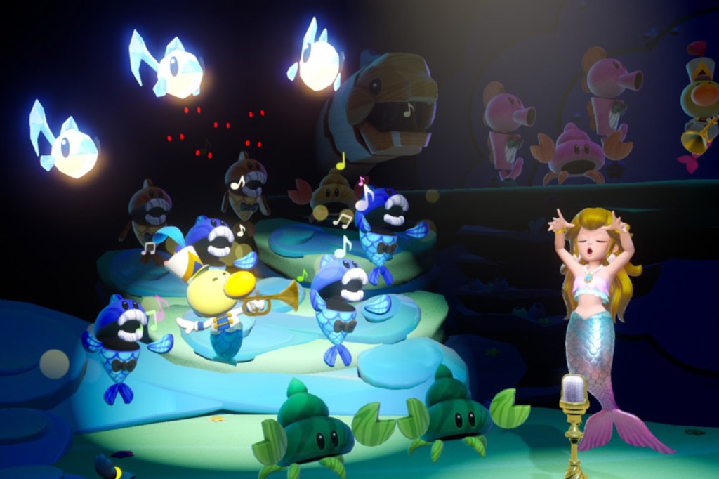 Ein Screenshot zum Videospiel Princess Peach: Showtime!. Man sieht Peach als singende Meerjungfrau.