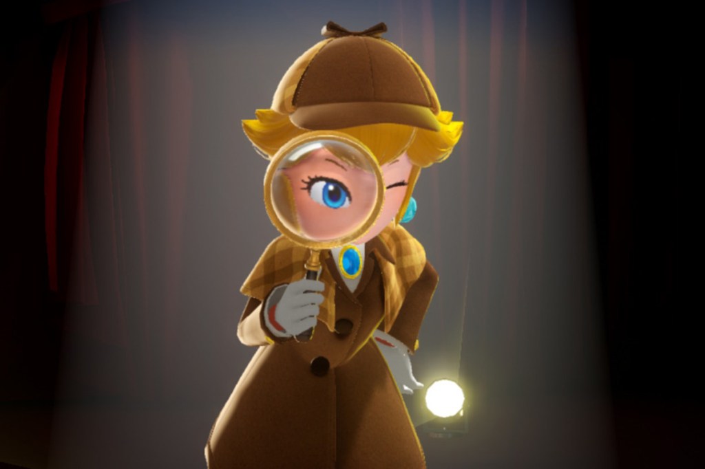 Ein Screenshot zum Videospiel Princess Peach: Showtime!. Man sieht Peach als Detektivin.