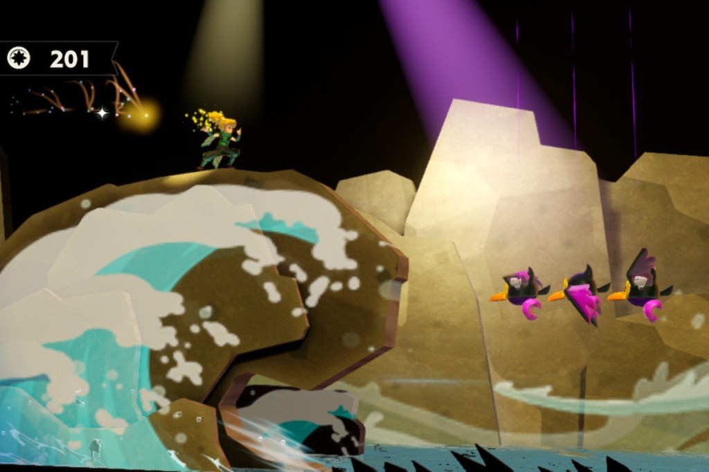 Ein Screenshot zum Videospiel Princess Peach: Showtime!. Man sieht Peach, wie sie auf einer Welle reitet.