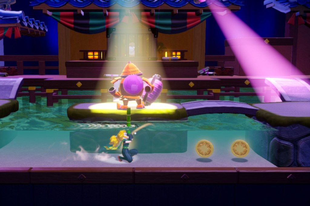 Ein Screenshot zum Videospiel Princess Peach: Showtime!. Man sieht Peach als Ninja beim Tauchen.