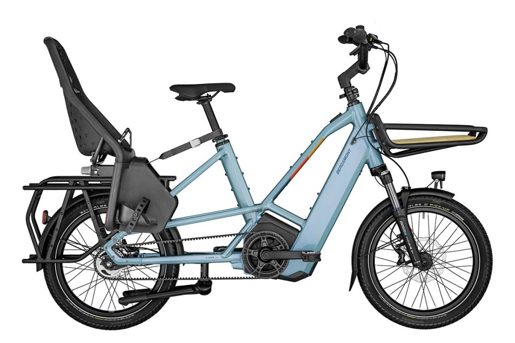 Productshot Kompakt-E-Bike mit Kindersitz und Frontkorb