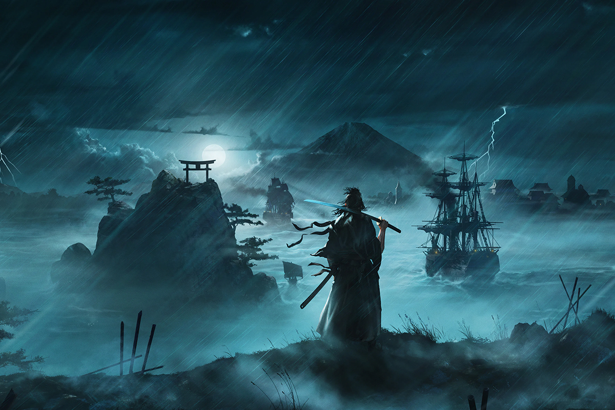Titelgrafik des Spiels Rise of the Ronin. Ein Schwertkämpfer steht vor einem nebeligen Meer bei Nacht. Im Hintergrund der Mond und die Umrisse eines Segelschiffes.