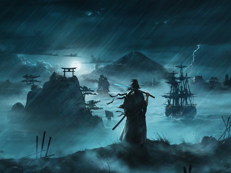 Titelgrafik des Spiels Rise of the Ronin. Ein Schwertkämpfer steht vor einem nebeligen Meer bei Nacht. Im Hintergrund der Mond und die Umrisse eines Segelschiffes.