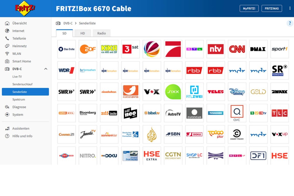 Screenshot der frei empfangbaren Kabelprogramme, die die Fritzbox streamen kann.