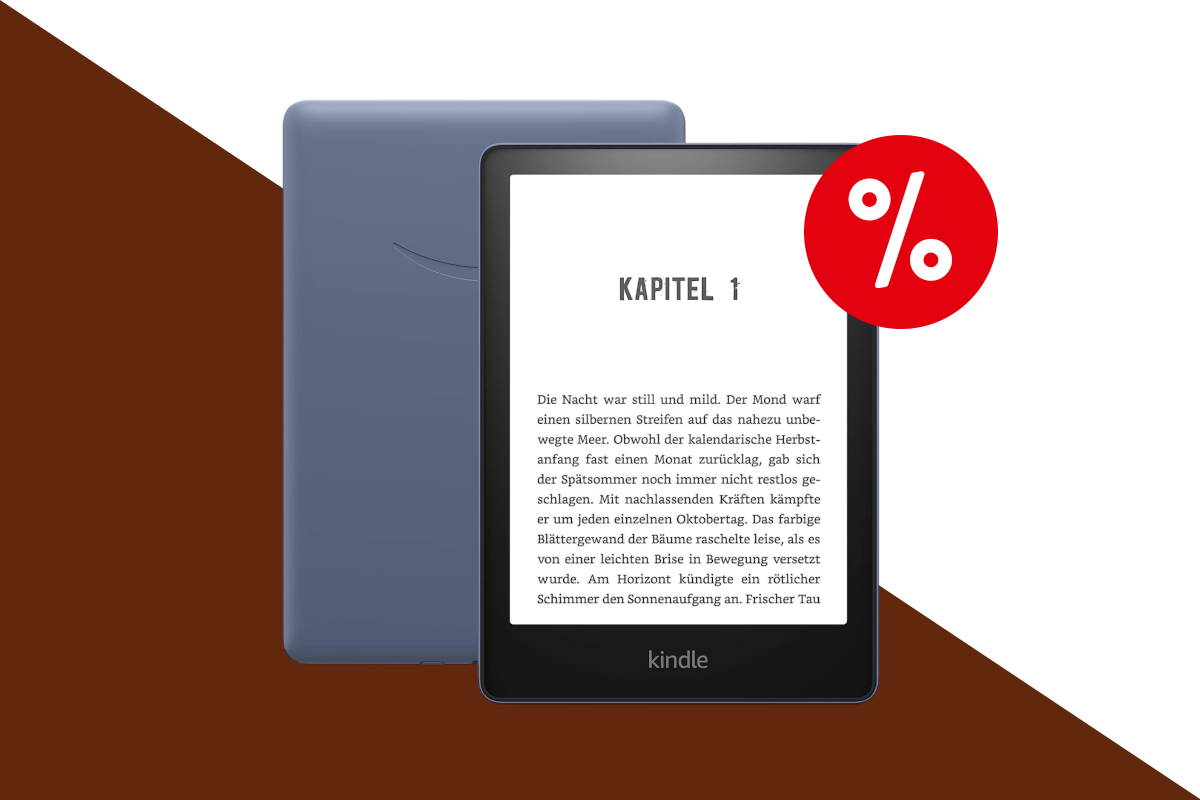 Amazon Kindle vor einem braun-weißen Hintergrund und einem weiß-roten Prozentzeichen in der rechten Ecke.