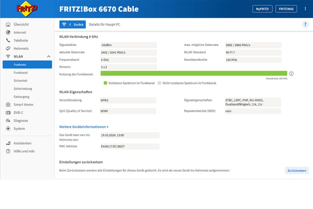 Screenshot der FRITZ!Box 6670 mit den WLAN-Parametern eines angeschlossenen PCs