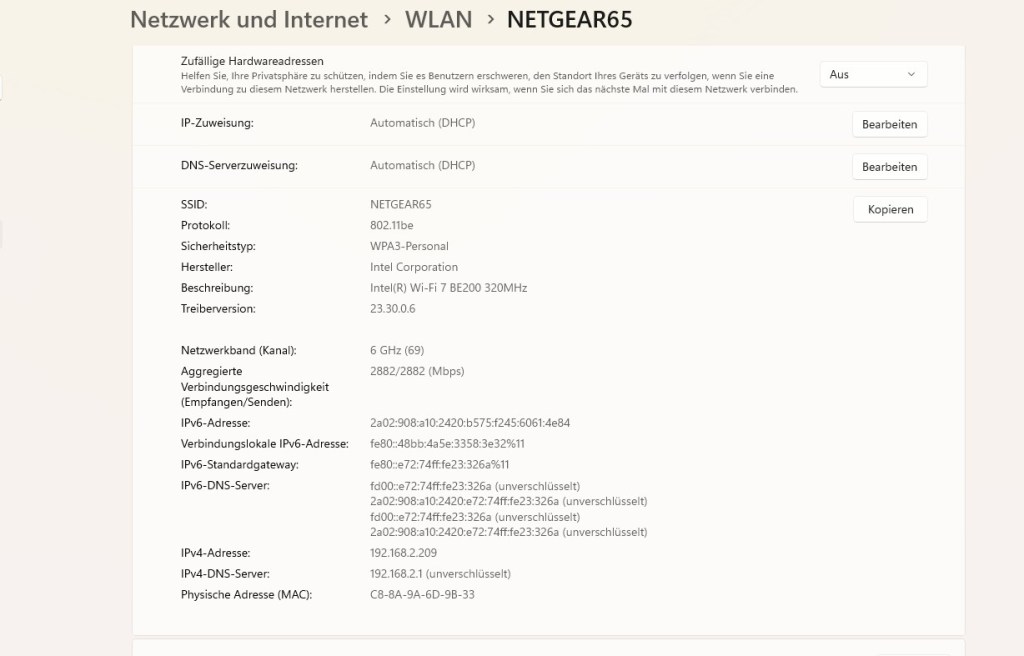 Ein Screenshot der WiFi7-Verbindungseinstellungen unter Windows 11