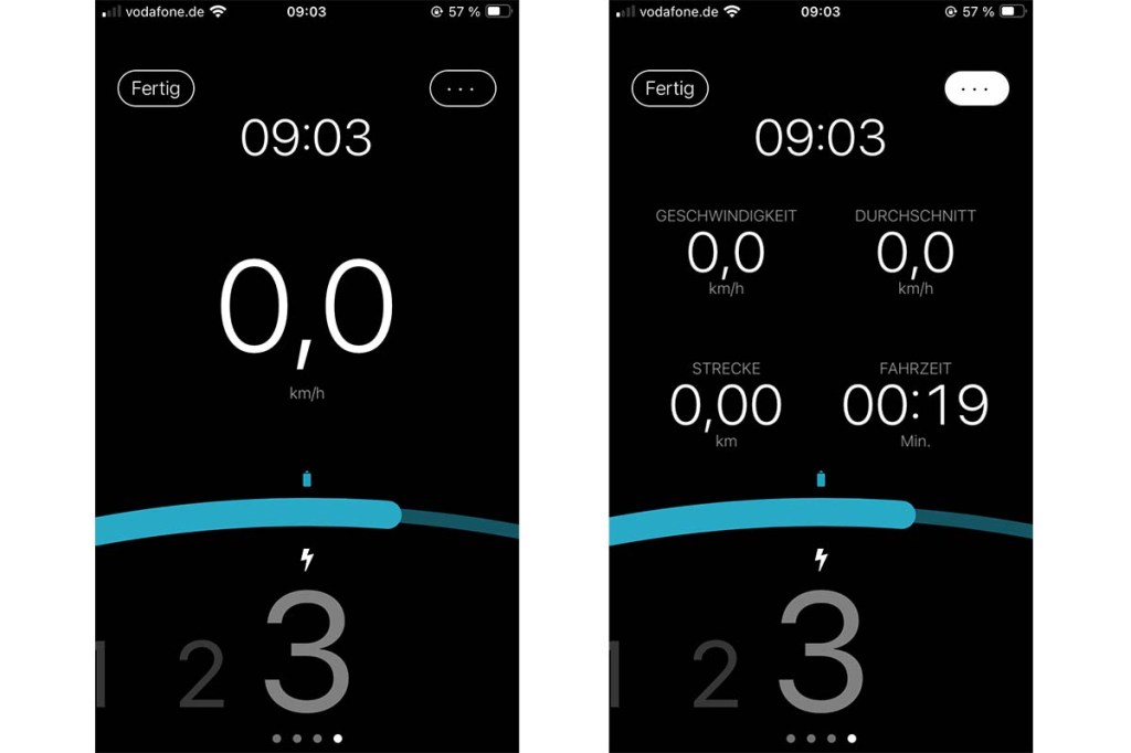 Zwei Handybildschirme nebeneinander, die die Brompton App zeigen