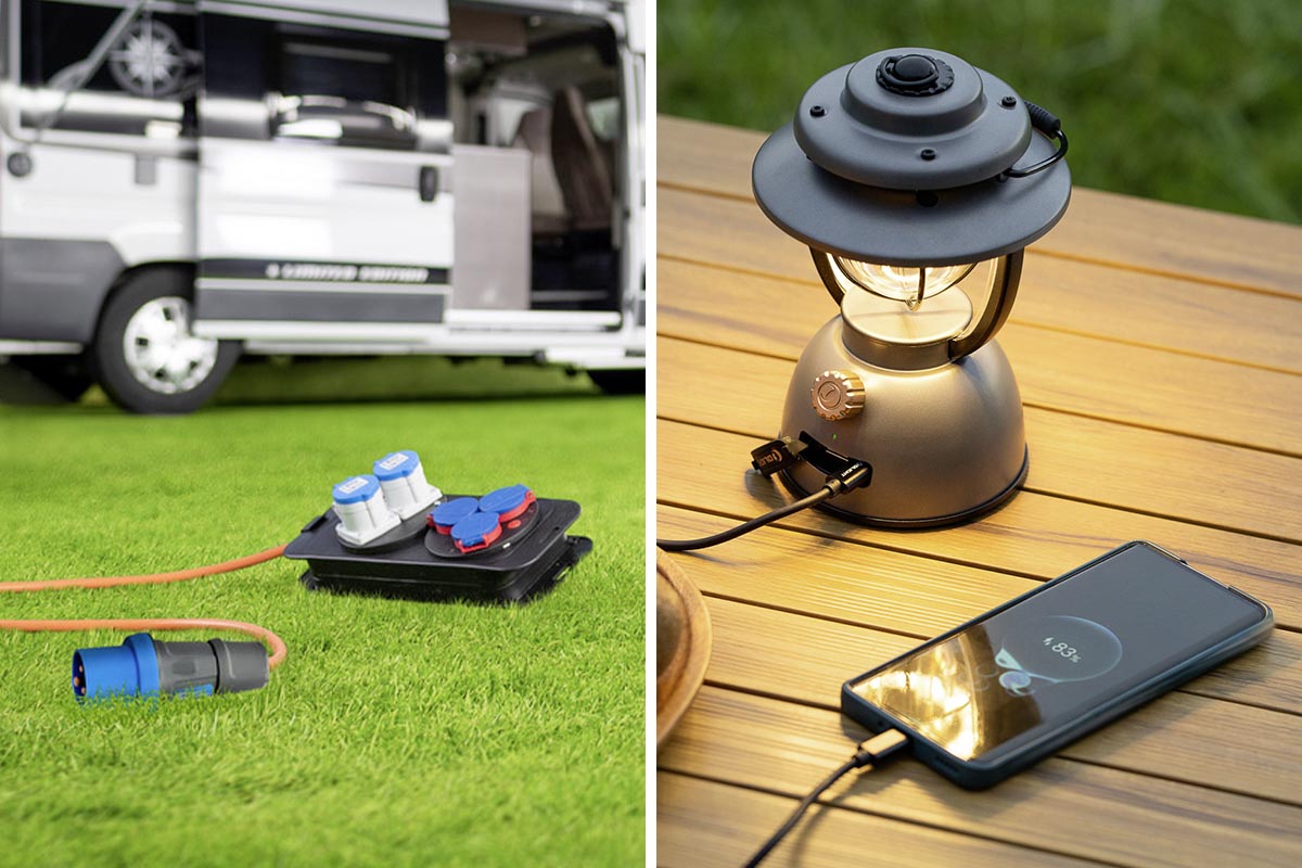 Links: Ein Verlängerungskabel auf Rasen. Rechts: Eine Lampe und SMartphone auf einem Holztisch.