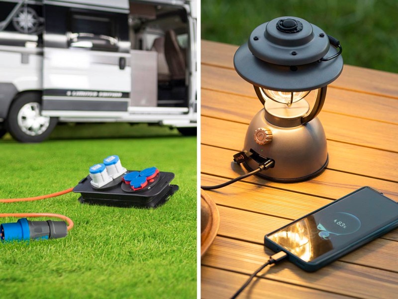 Links: Ein Verlängerungskabel auf Rasen. Rechts: Eine Lampe und SMartphone auf einem Holztisch.