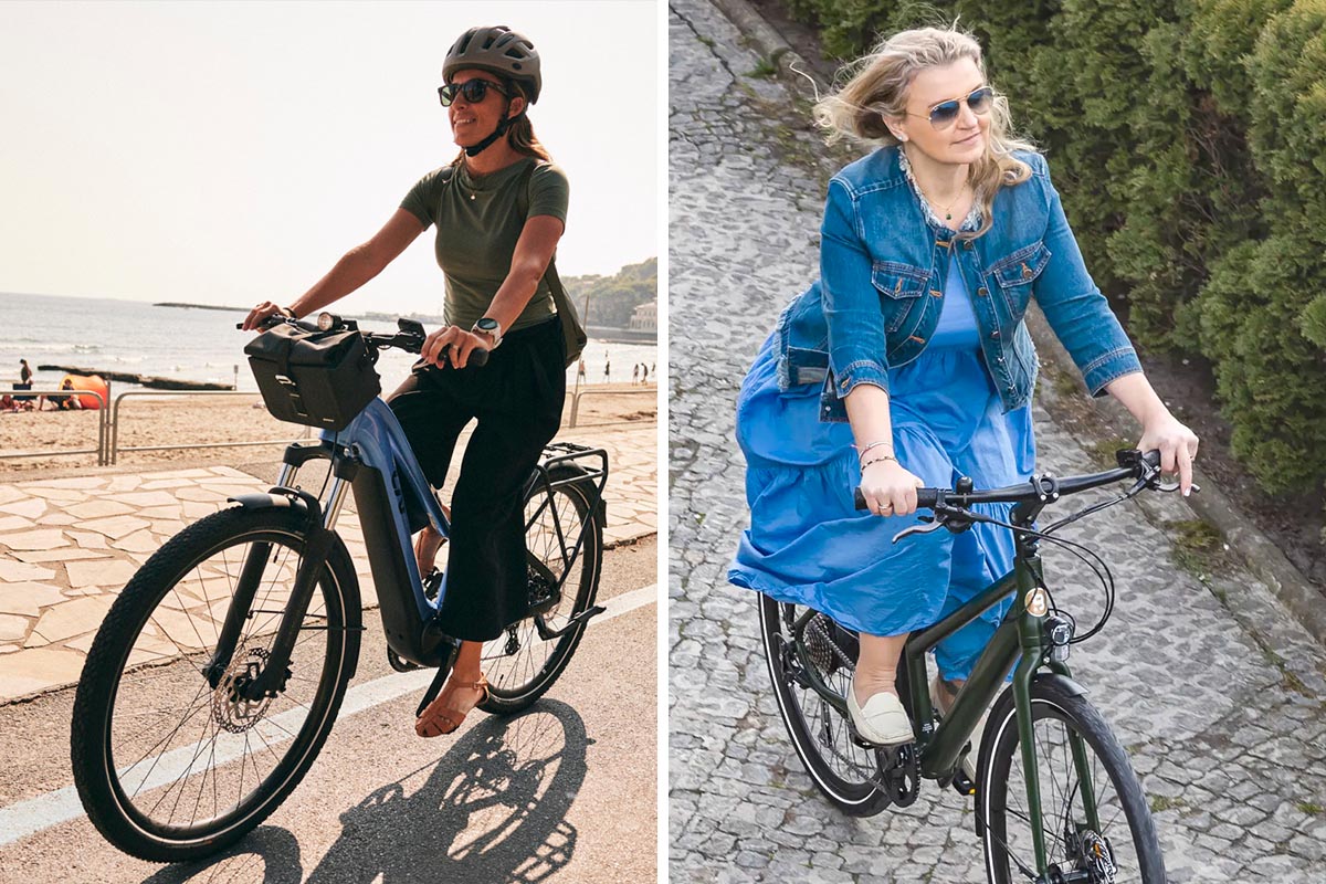 Zwei Personen jeweils auf einem E-Bike auf einem zweigeteiltem Bild.