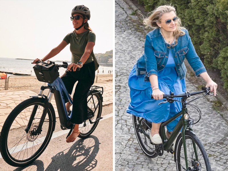 Zwei Personen jeweils auf einem E-Bike auf einem zweigeteiltem Bild.