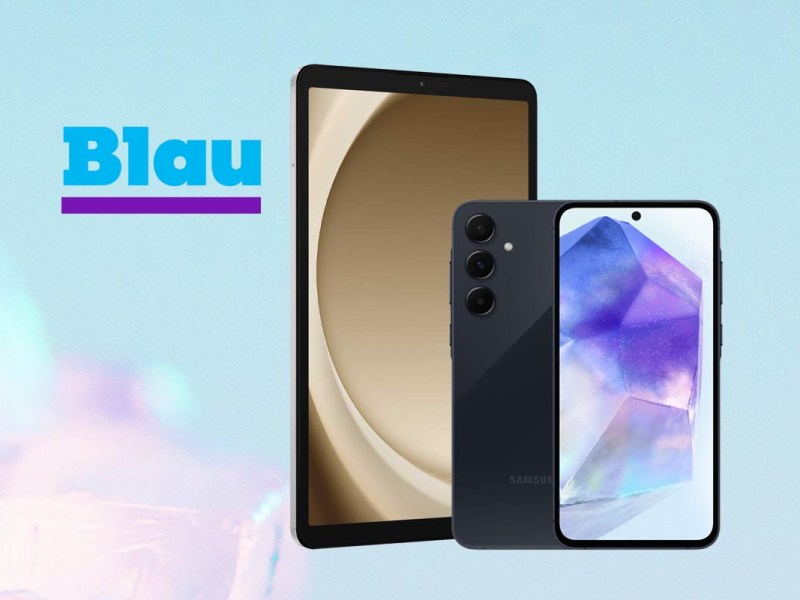 Ein Samsung Galaxy A55 und Samsung Galaxy Tab A9 vor buntem Hintergrund.