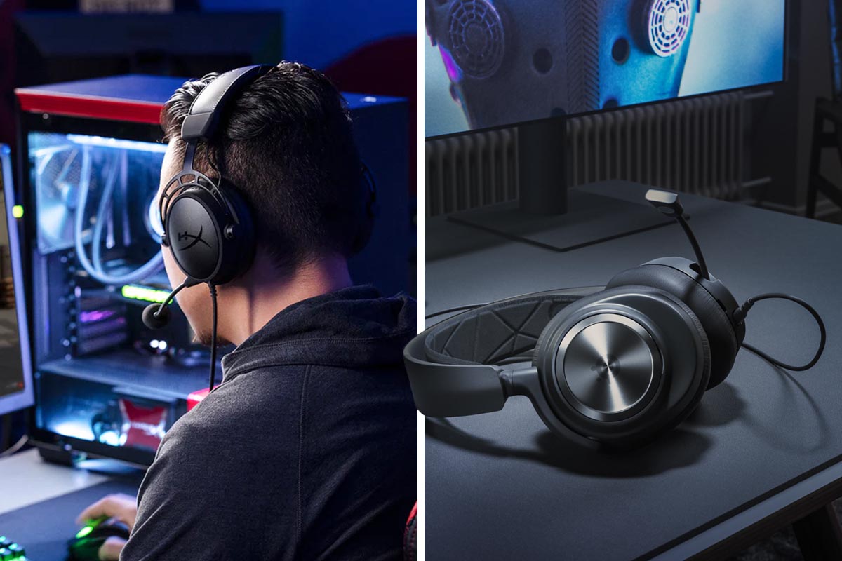 Gaming-Headsets verschiedener Hersteller auf einem zweigeteiltem Bild.