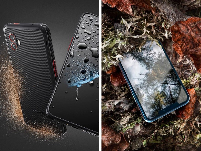 Zwei Smartphones in einer Samsung Hülle vor dunklem Grund und umgeben von Natur.