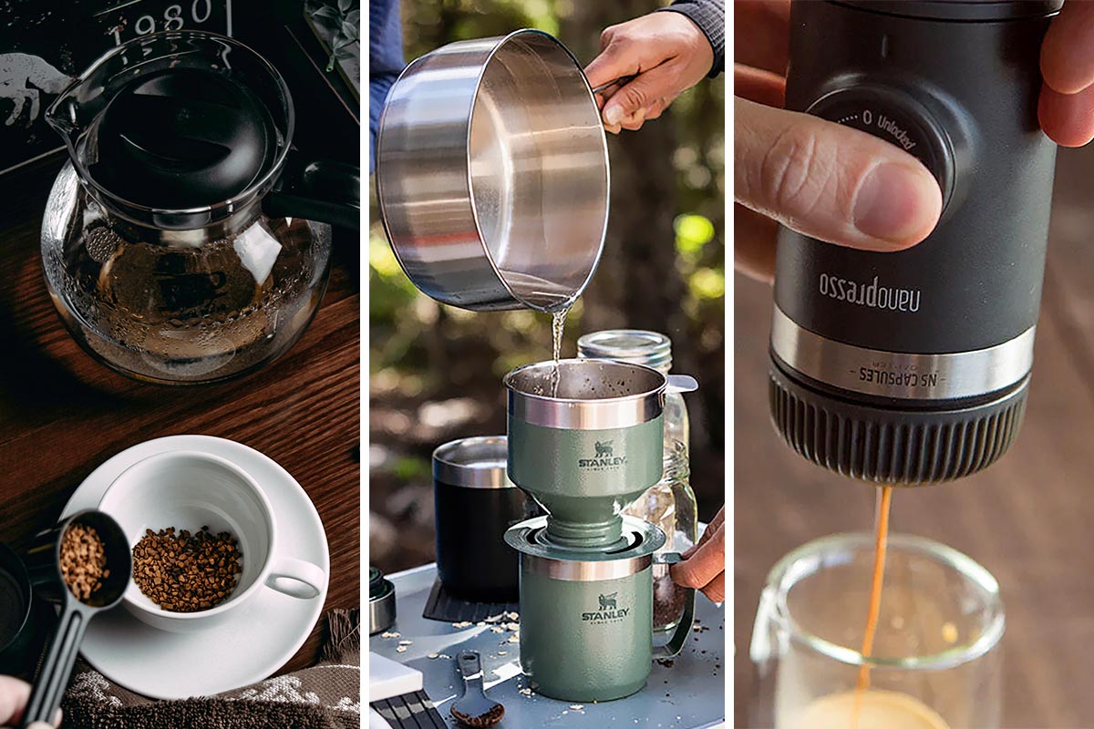 Dreigeteiltes Bild, das verschiedene Kaffee-Zubreitungs-Methoden zeigt. Wie: Löslicher Kaffee, gefilterter Kaffee und Kaffeepresse.