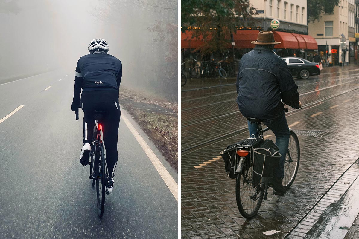Fahrradfahrende Personen mit Regenjacken auf einem zweigeteiltem Bild