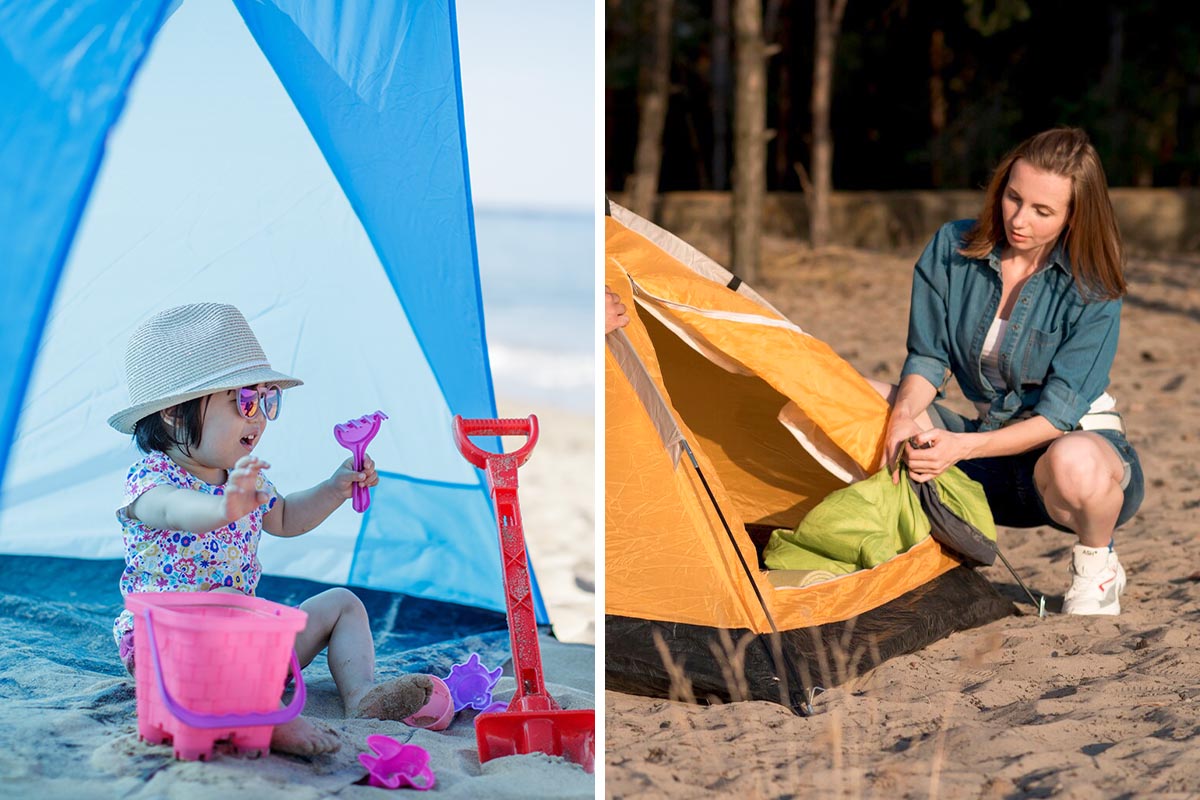 Personen an und in einer Strandmuschel auf einem zweigeteilten Bild.