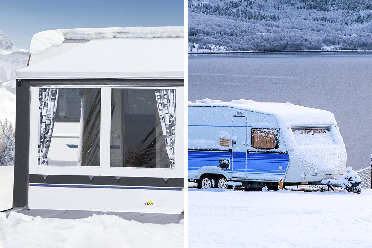 Wohnwagen mit Vordach im Schnee auf einem zweigeteiltem Bild.