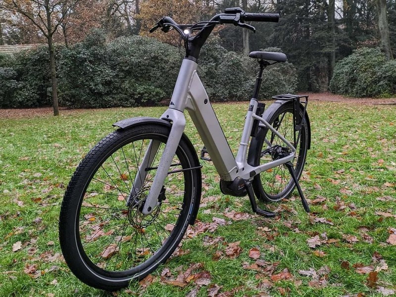 silbernes City-E-Bike auf einer Wiese stehend
