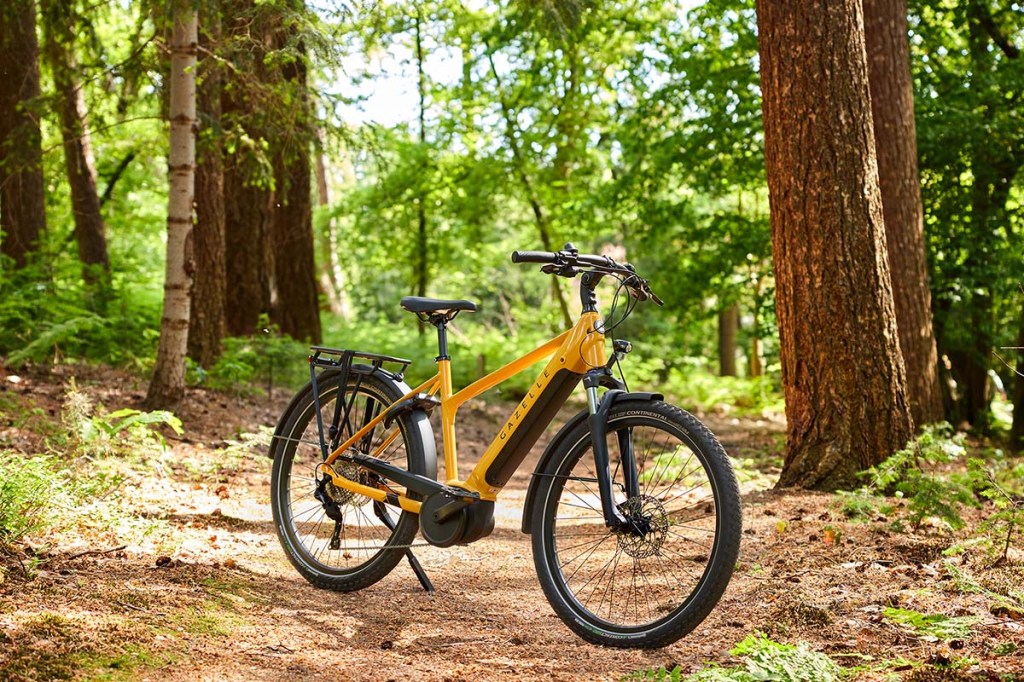 gelbes E-Bike in einem Wald stehend