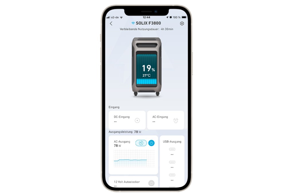 Ein Screenshot der Anker-App mit verknüpfter Solix F3800 auf einem iPhone. Der Hintergrund ist weiß.